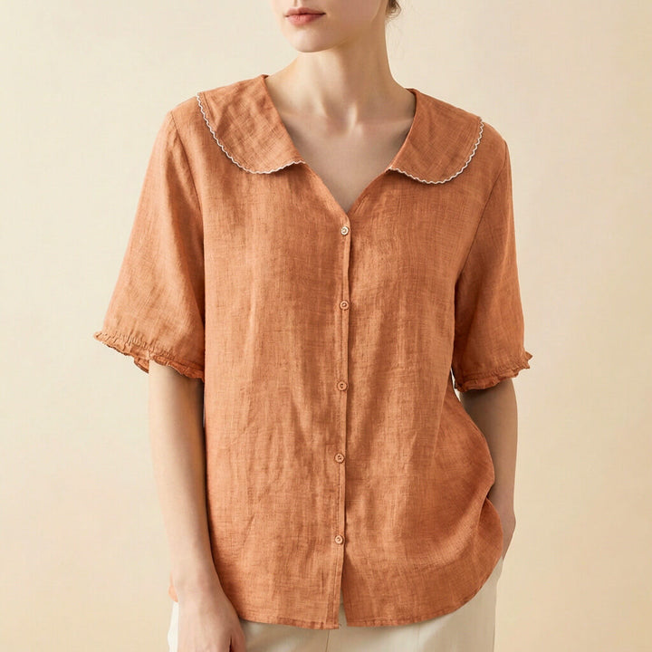 Leinen-Bluse mit Knöpfen für Damen – Peter-Pan-Kragen lockerer Schnitt