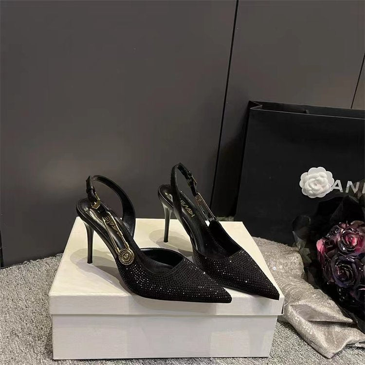 Décolleté stiletto da donna decorati con strass – Punta appuntita con cinturino posteriore slingback