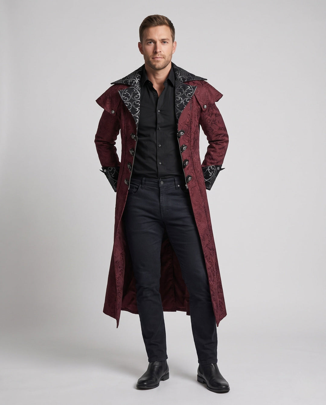 Manteau Homme Gothique à Col Montant – Ornements Raffinés