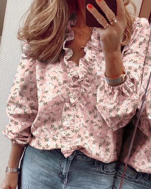 Blusa donna con volant – Collo a V leggero a maniche lunghe