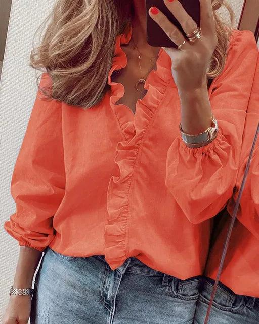 Blusa donna con volant – Collo a V leggero a maniche lunghe