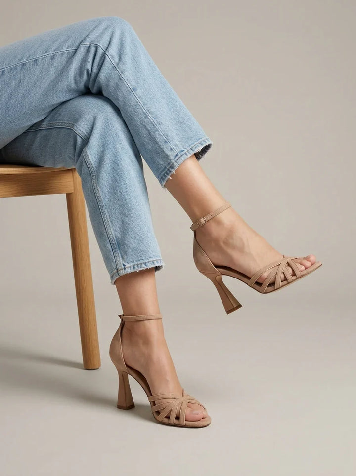 Sandales à Talon Femme en Daim – Multi-Brides Bout Ouvert Talon Bloc