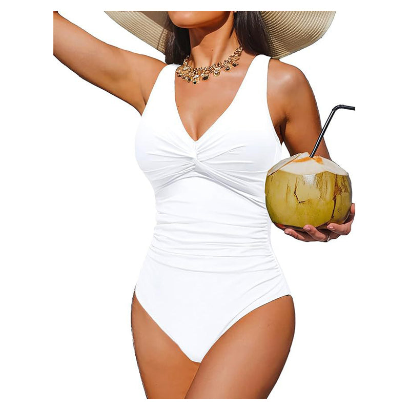Costume da bagno intero donna arricciato – scollo a V e spalline larghe