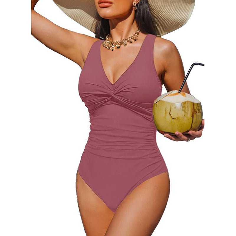 Costume da bagno intero donna arricciato – scollo a V e spalline larghe