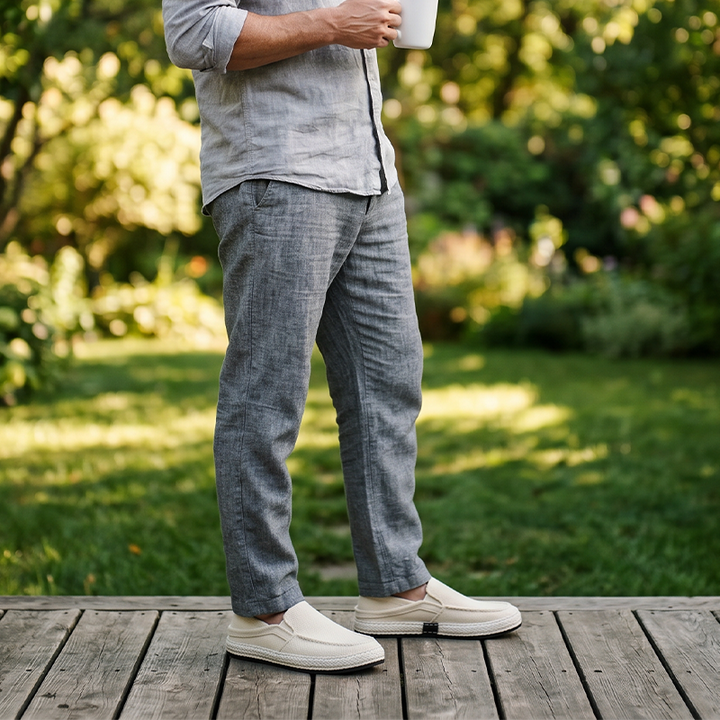 Mocassini da uomo in lino – Slip-on con punta tonda e cucitura moc-toe