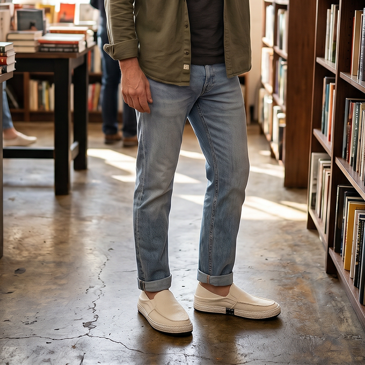 Mocassini da uomo in lino – Slip-on con punta tonda e cucitura moc-toe