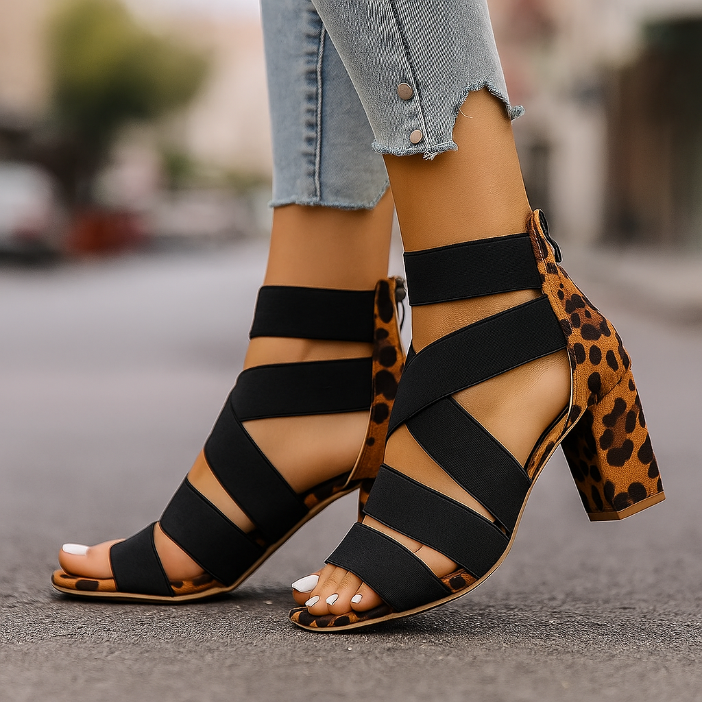 Women's Square Heel Multi-Strap Open Toe Sandals – Trendy Print