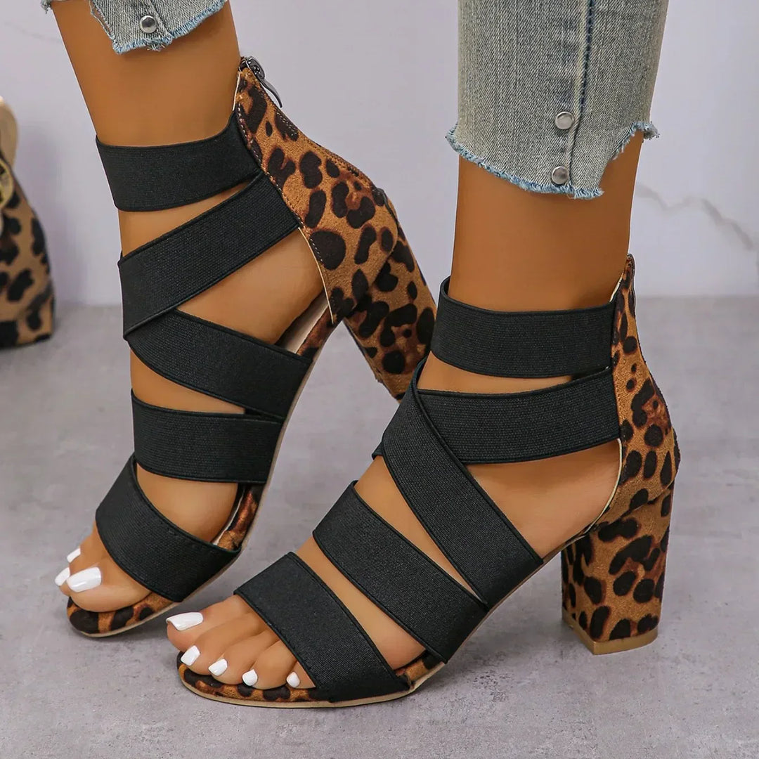 Women's Square Heel Multi-Strap Open Toe Sandals – Trendy Print
