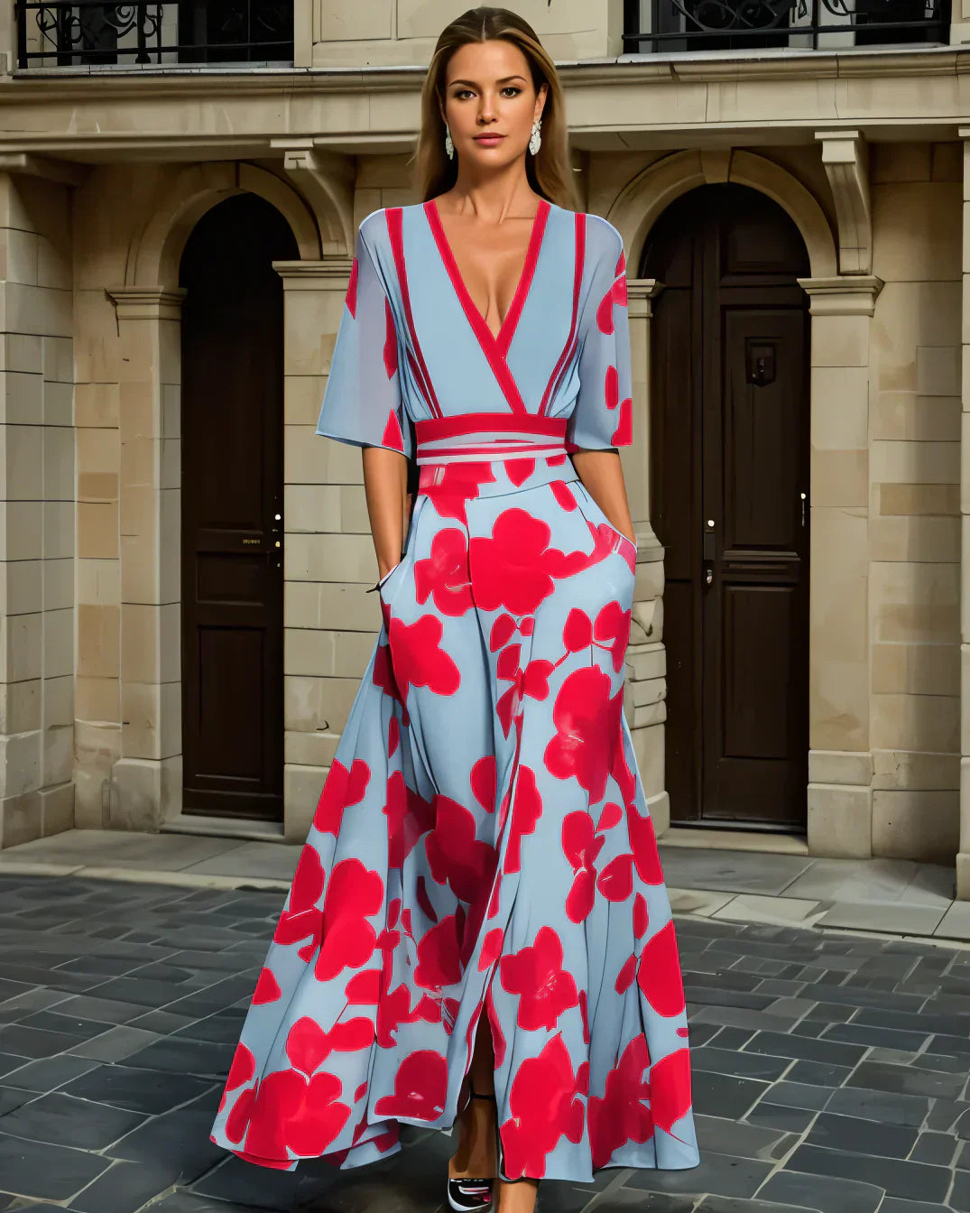Maxikleid Damen A-Linie mit Blumen – V-Ausschnitt tailliert