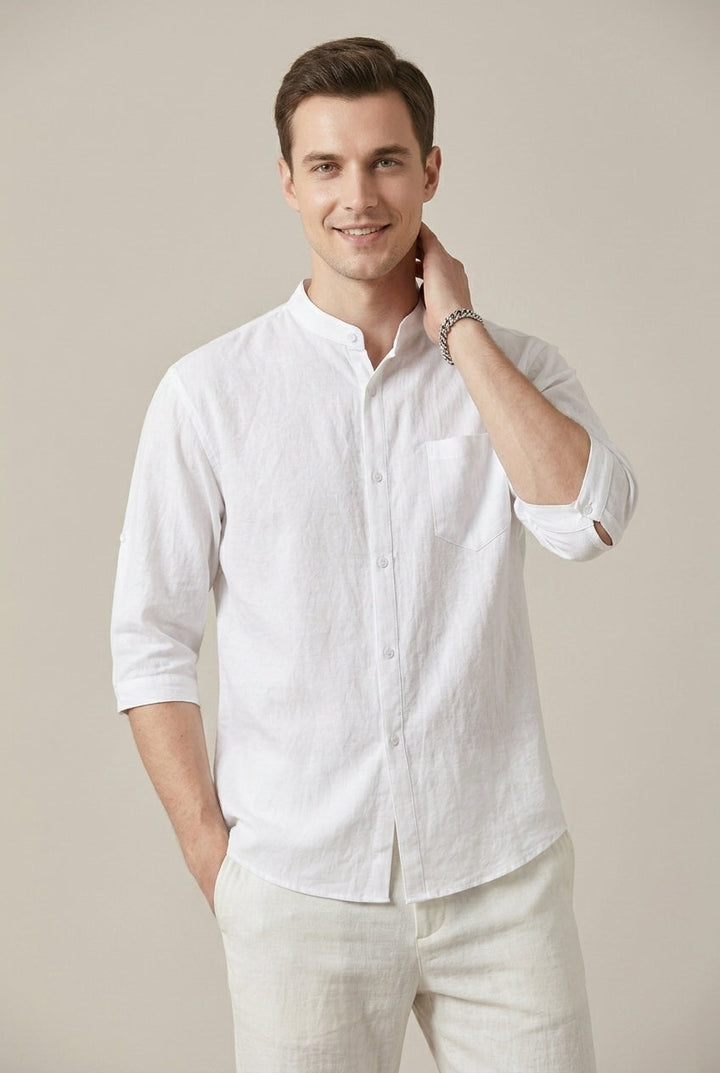 Chemise Homme Col Mao Tissée – Manches Trois-Quarts Coupe Décontractée