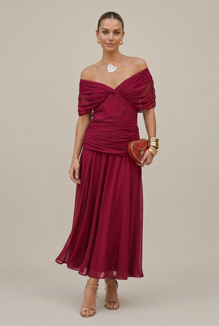 Damen Maxikleid aus Chiffon – Freie Schultern Gerüschte Taille Fließende Passform