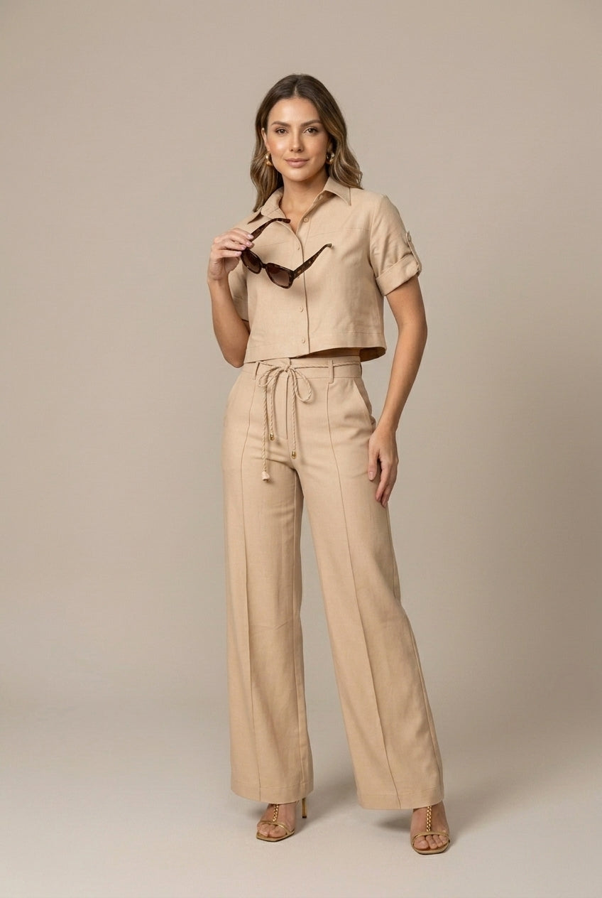 Completo Due Pezzi Donna – Camicia con Bottoni e Pantaloni Larghi da Tailleur