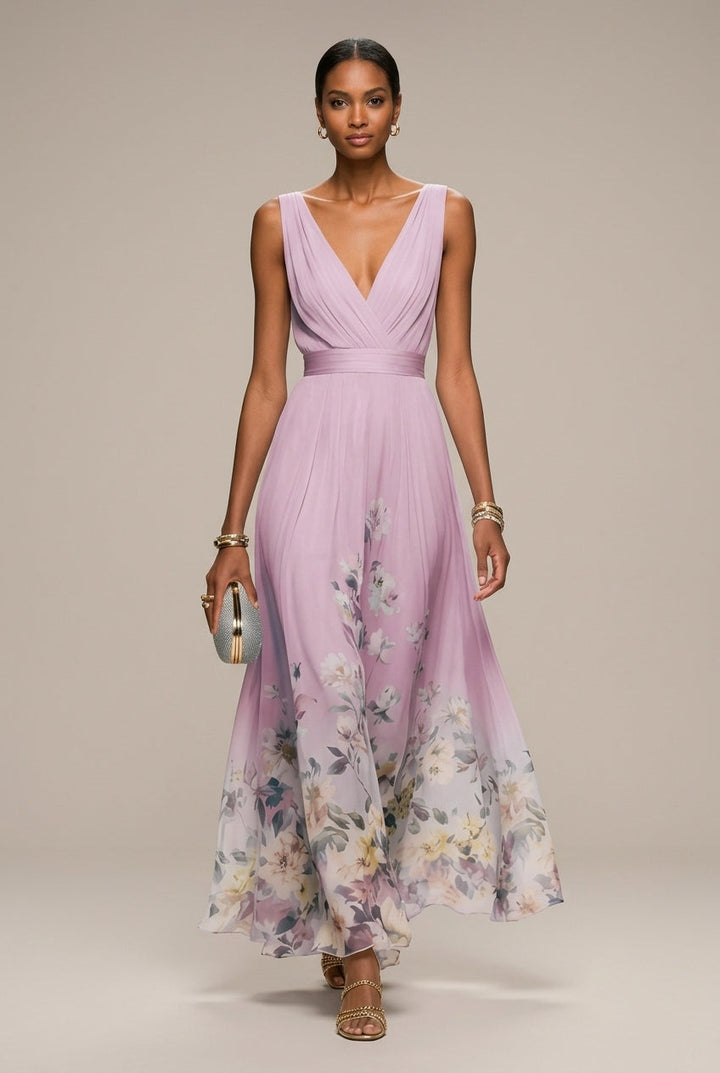 Robe Longue Femme Imprimé Floral – Col V Sans Manches