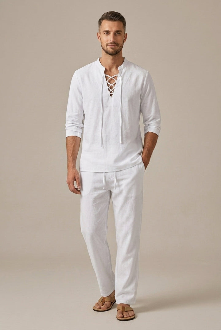 Completo Due Pezzi Uomo Cotone Lino – Collo a V con Lacci & Pantaloni