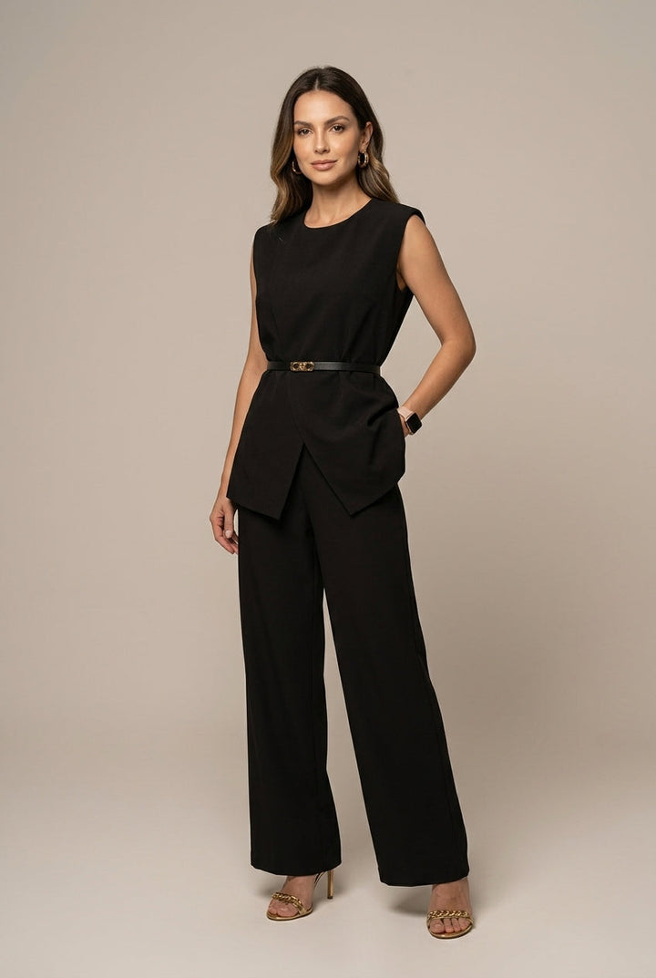 Completo Due Pezzi Donna – Top Asimmetrico Senza Maniche & Pantaloni Larghi