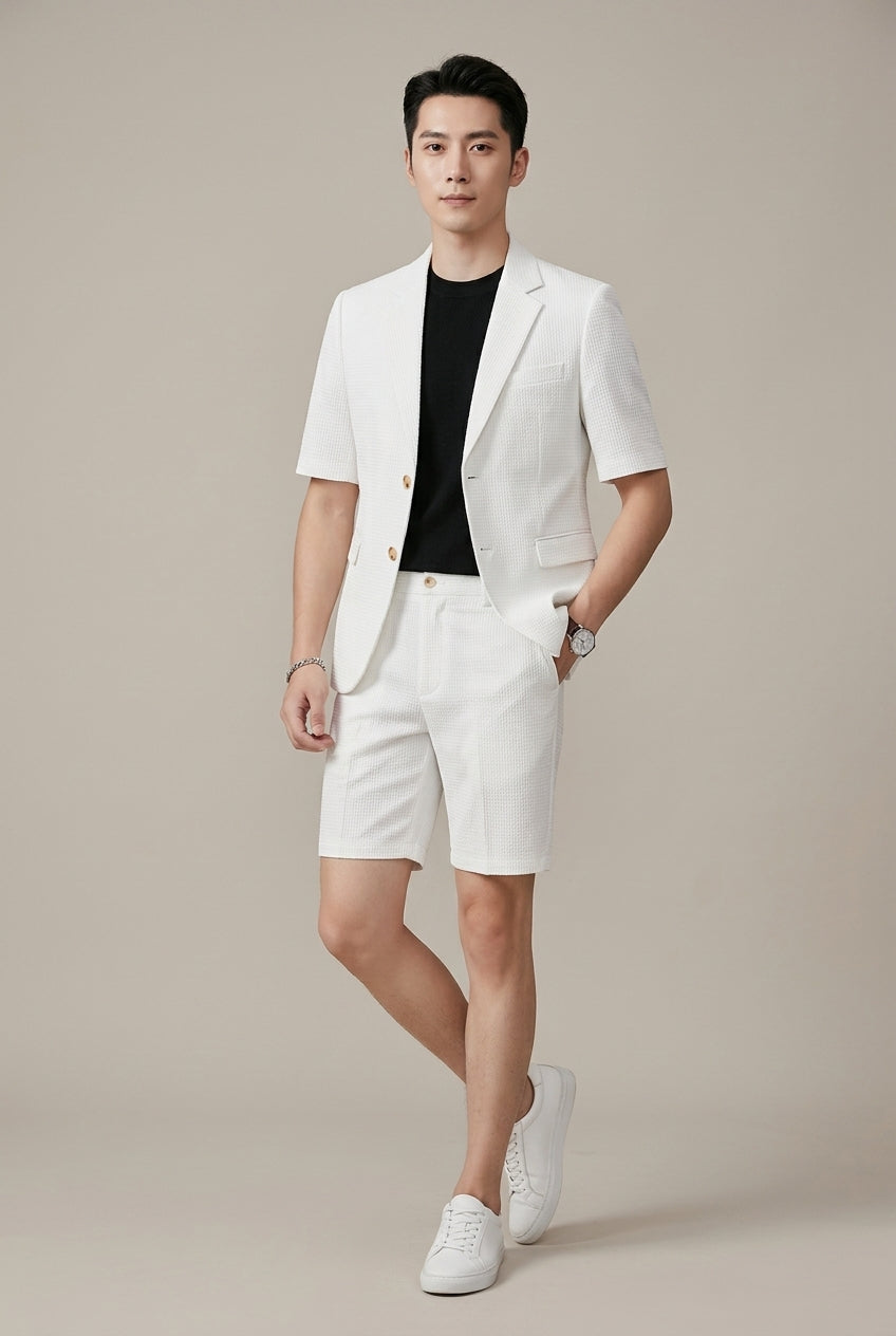 Ensemble Homme Blazer Manches Courtes – Duo Veste et Short Tissé Structuré