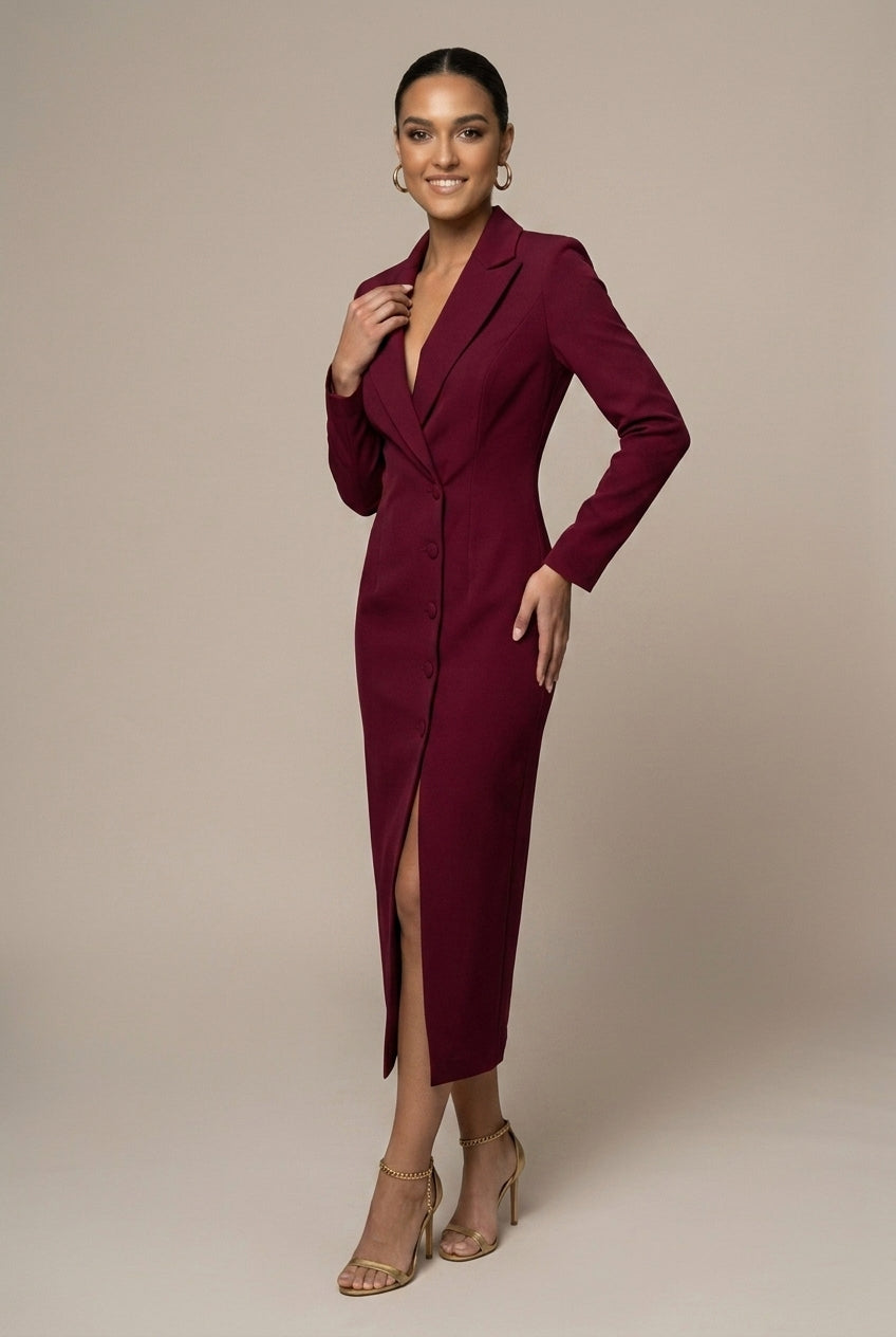 Robe Blazer Femme Midi – Col à Revers Cranté et Coupe Ajustée