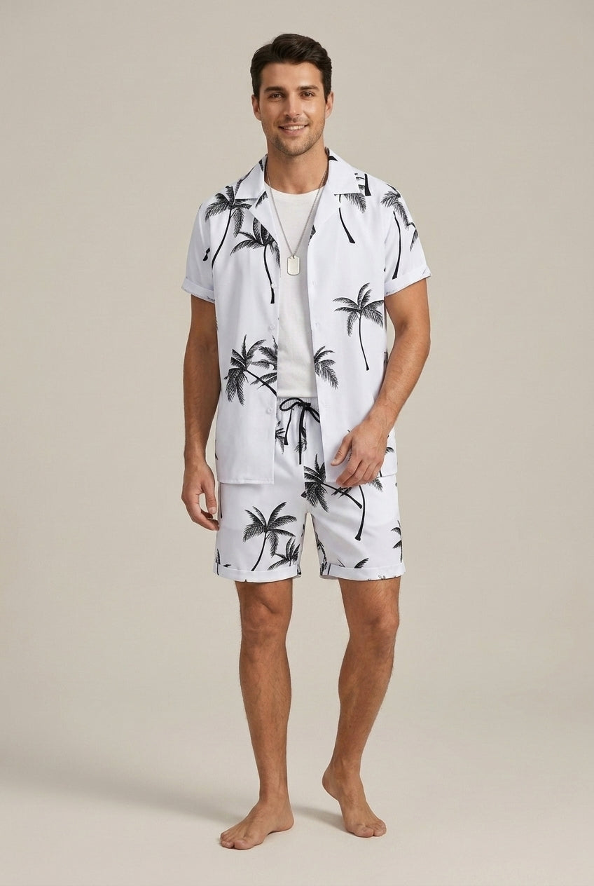Men's Two-Piece Set – Palm Tree Print Shirt and Shorts