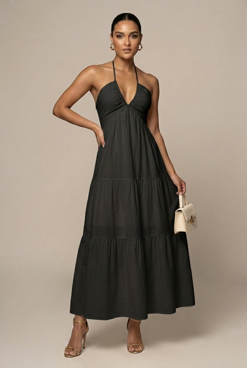 Abito maxi da donna con collo halter – Volant a strati schiena aperta