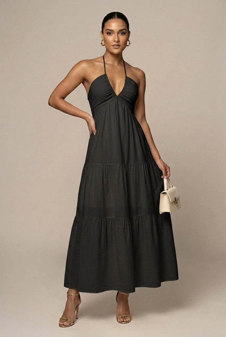 Abito maxi da donna con collo halter – Volant a strati schiena aperta