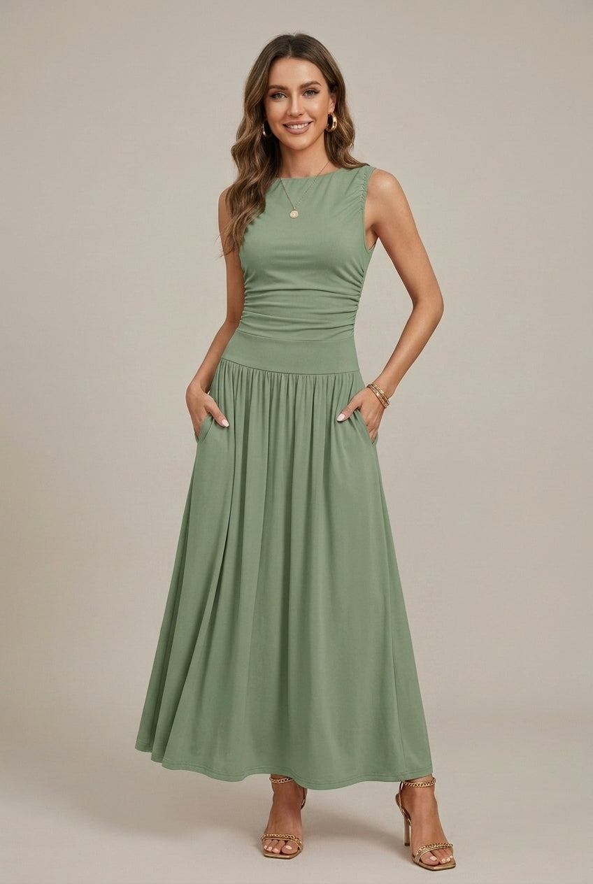 Ärmelloses langes Damenkleid – geraffte Taille und weiter Rock