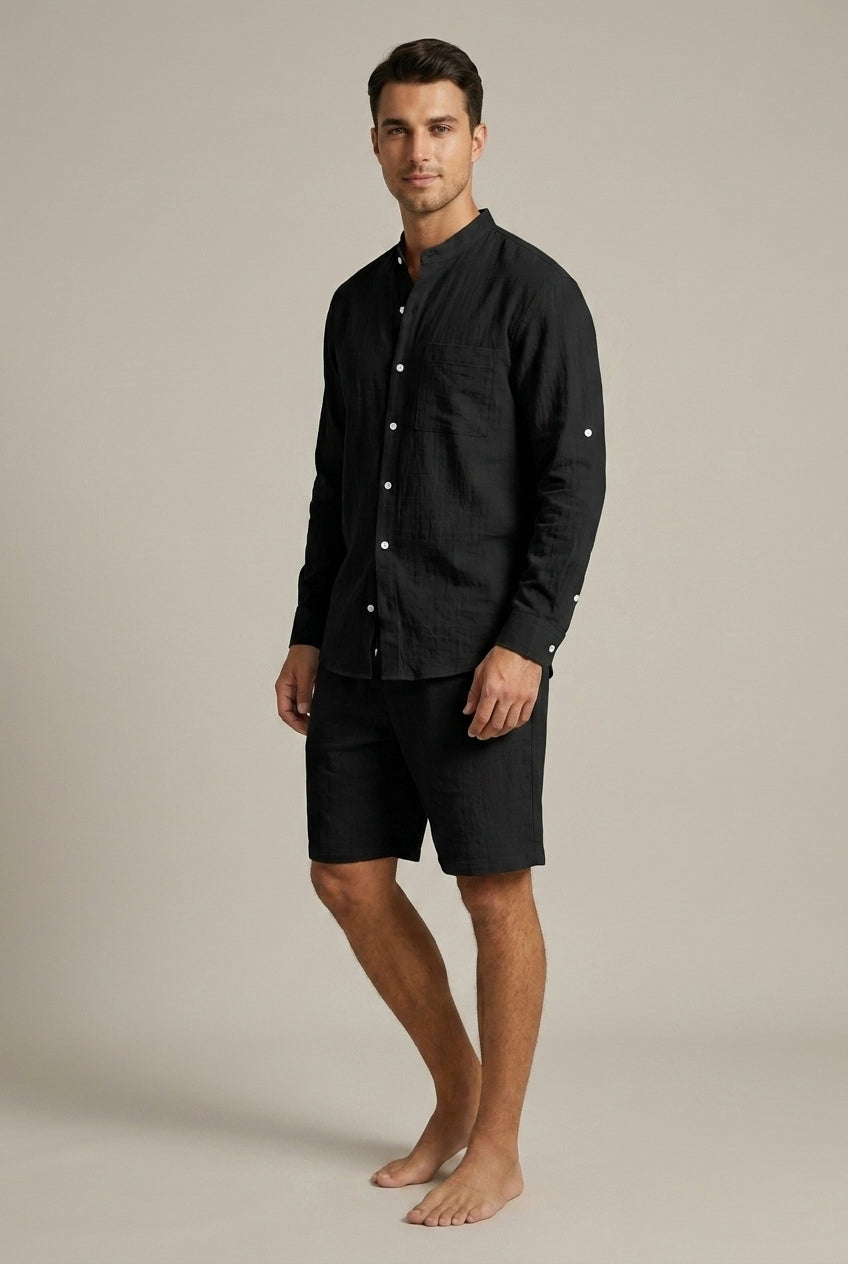 Ensemble Homme Lin Texturé – Chemise Col Mao et Short Coupe Décontractée