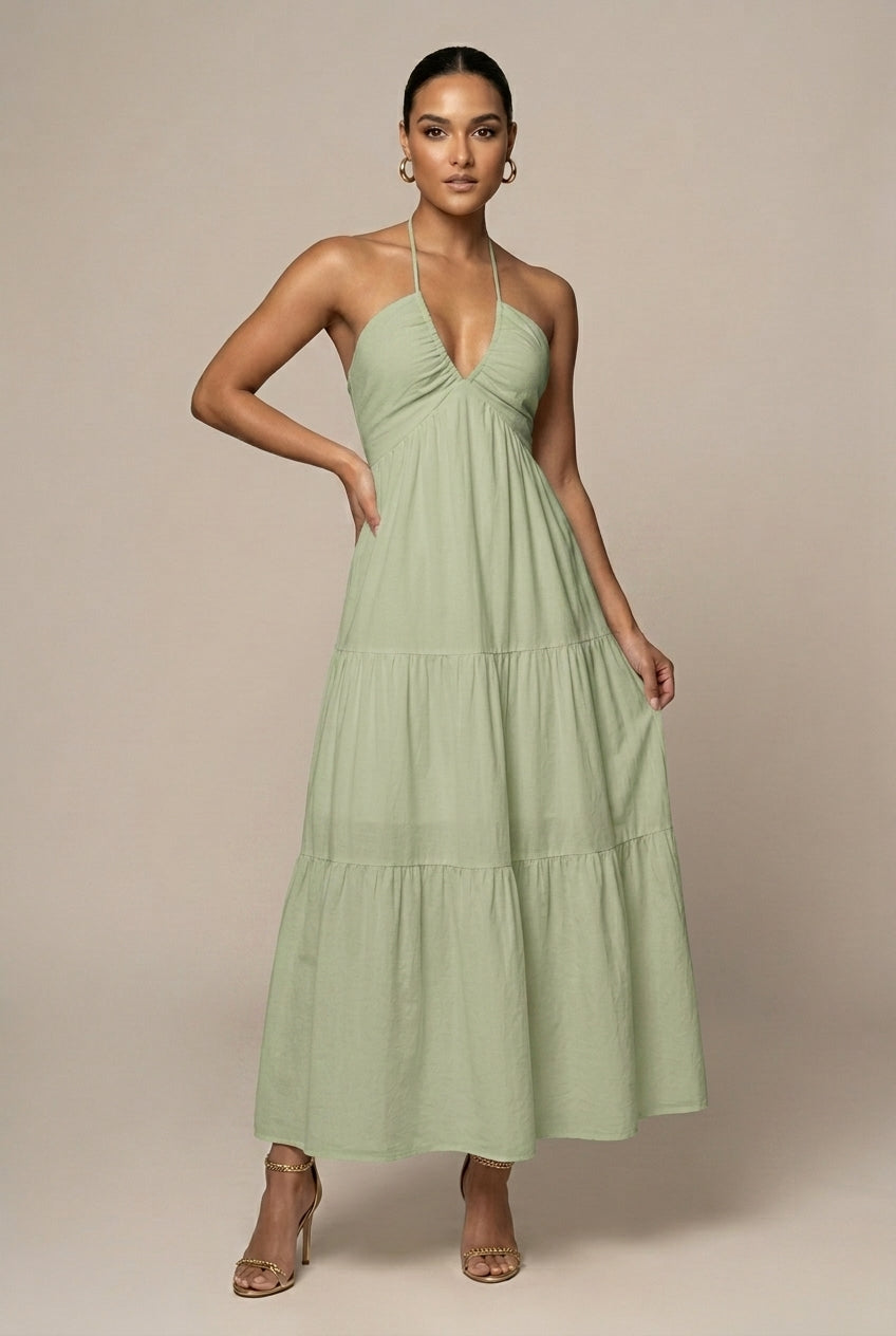Abito maxi da donna con collo halter – Volant a strati schiena aperta