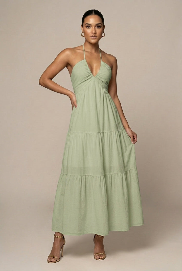 Abito maxi da donna con collo halter – Volant a strati schiena aperta
