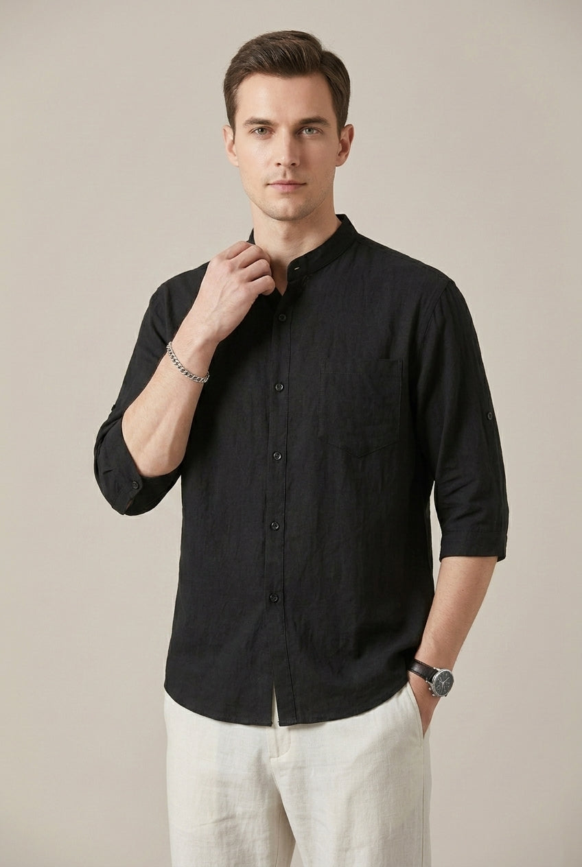 Chemise Homme Col Mao Tissée – Manches Trois-Quarts Coupe Décontractée