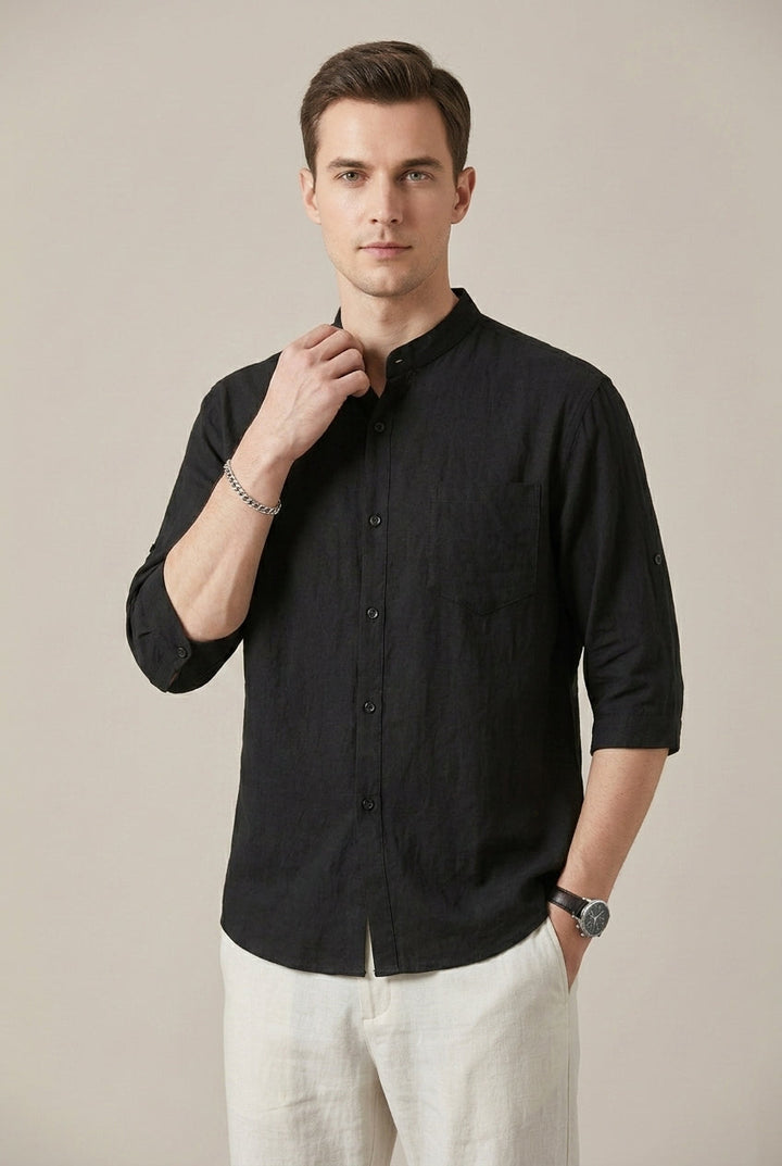 Chemise Homme Col Mao Tissée – Manches Trois-Quarts Coupe Décontractée