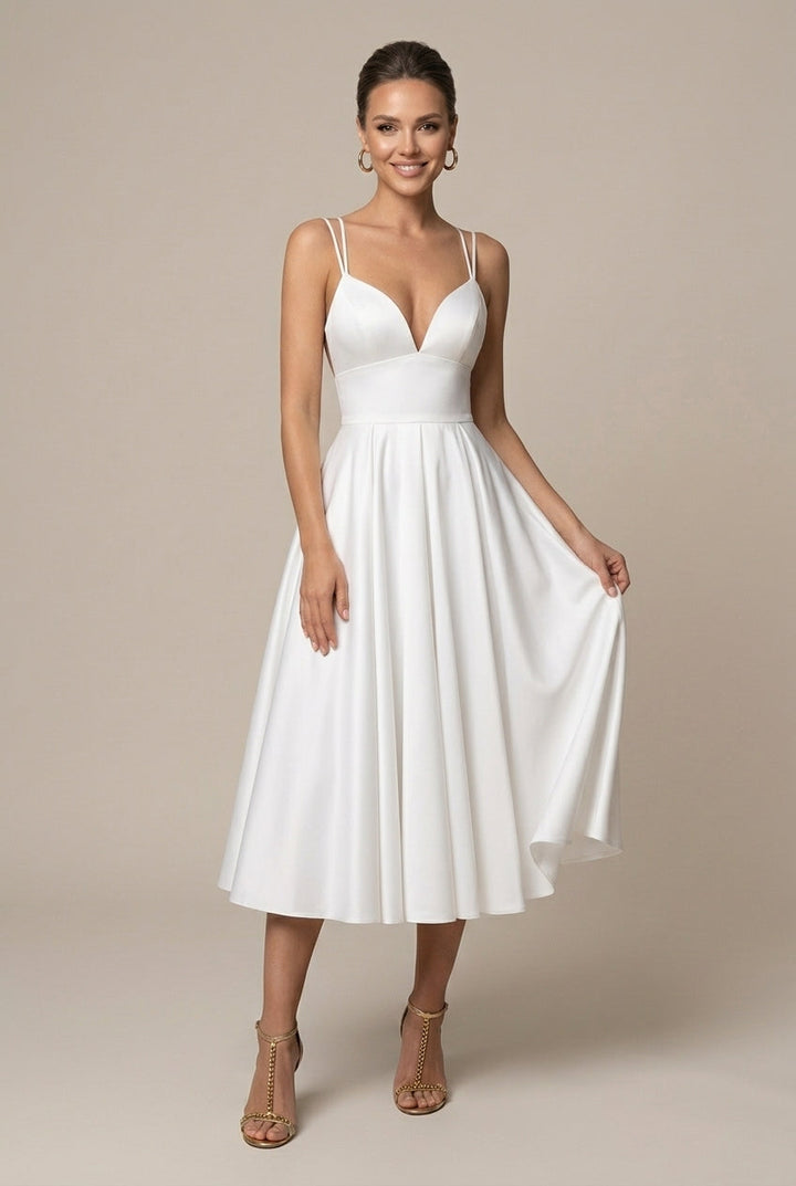 Midikleid für Damen A-Linie – V-Ausschnitt mit doppelten Trägern, ausgestellter Rock