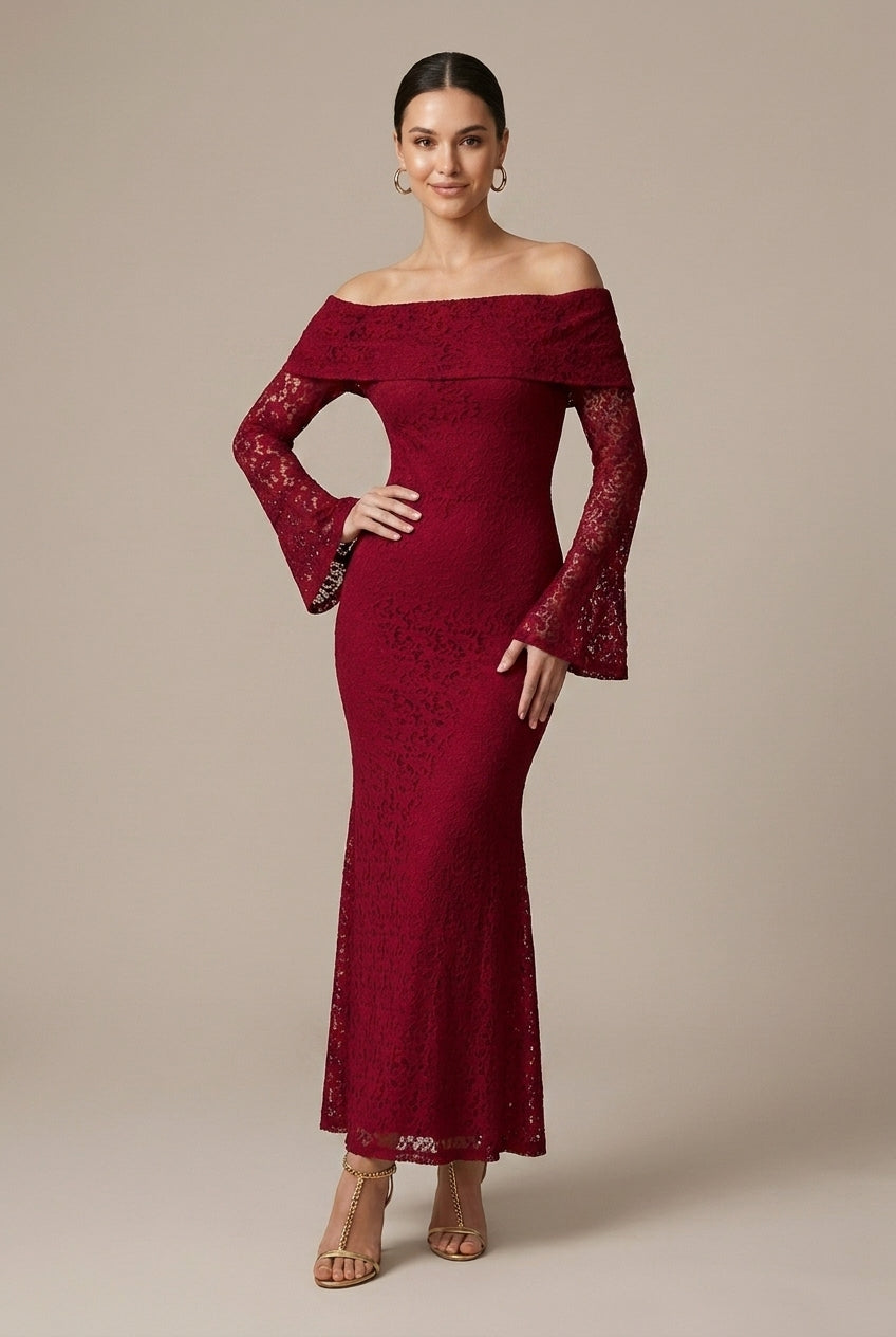 Abito lungo donna spalle scoperte – sirena pizzo a contrasto maniche svasate