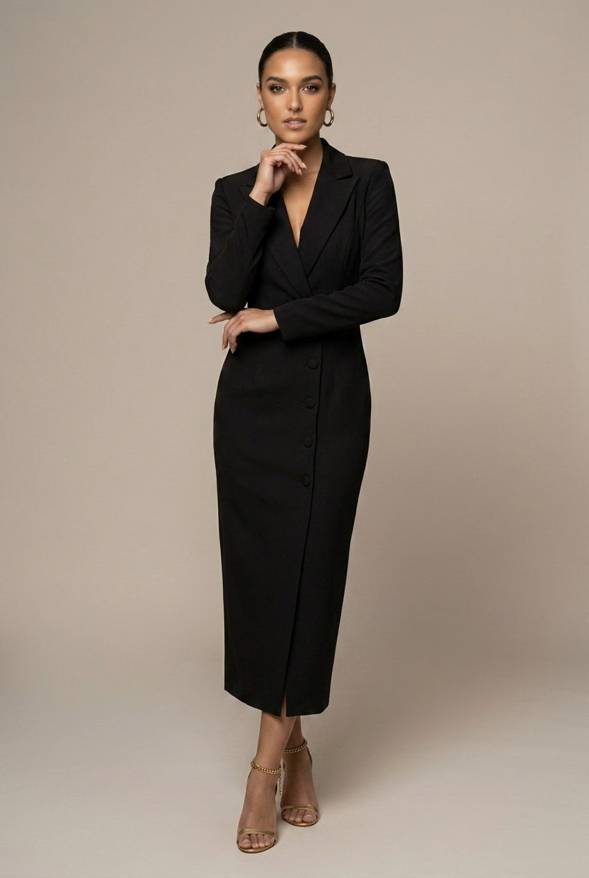 Robe Blazer Femme Midi – Col à Revers Cranté et Coupe Ajustée