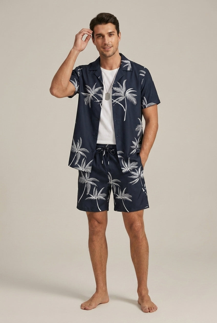 Men's Two-Piece Set – Palm Tree Print Shirt and Shorts