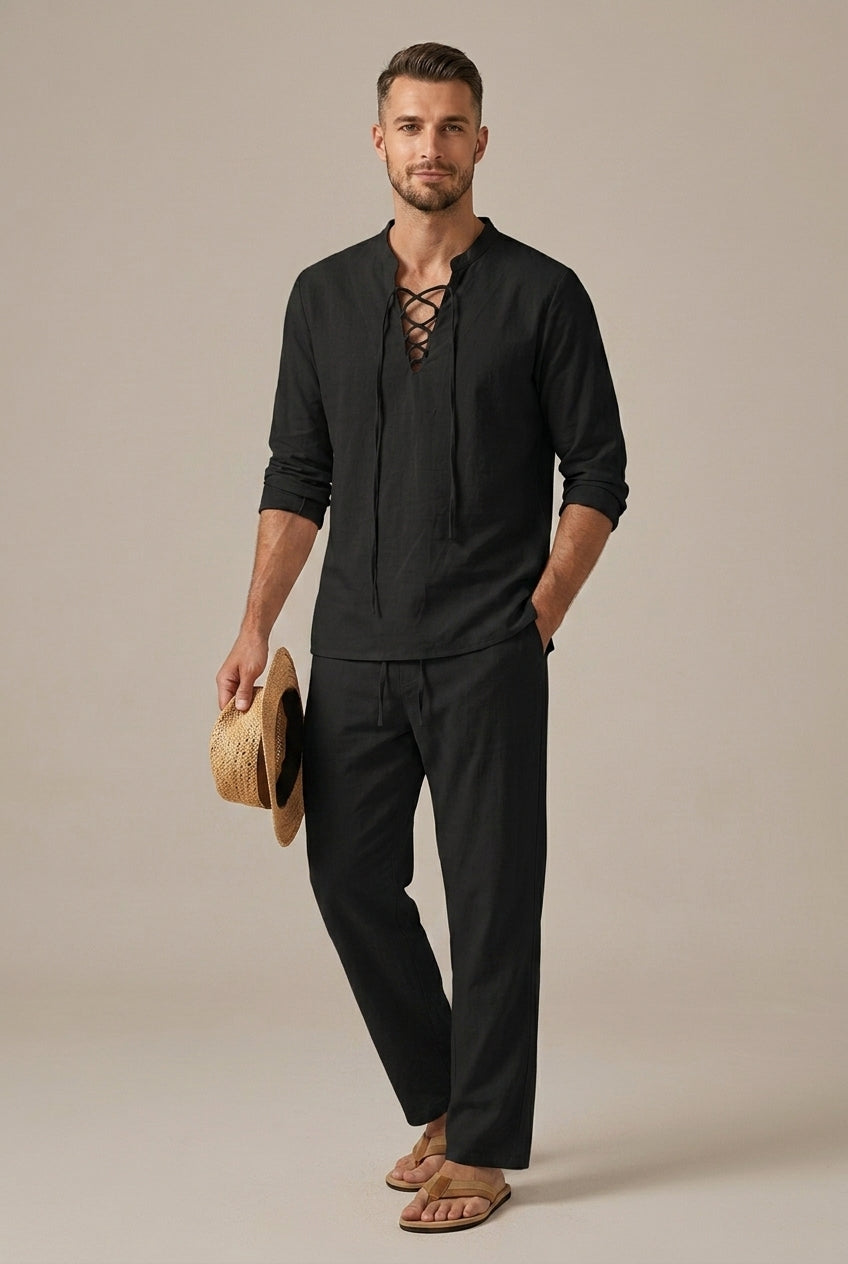 Completo Due Pezzi Uomo Cotone Lino – Collo a V con Lacci & Pantaloni