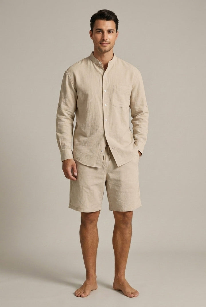 Ensemble Homme Lin Texturé – Chemise Col Mao et Short Coupe Décontractée