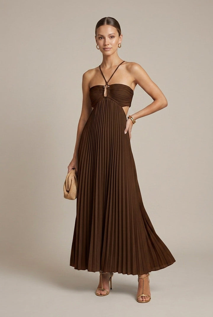 Maxikleid für Damen mit gerafftem Neckholderkragen – Rücken mit Knoten und Ausschnitt