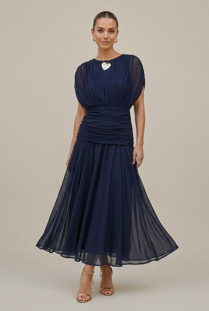 Damen Maxikleid aus Chiffon – Freie Schultern Gerüschte Taille Fließende Passform