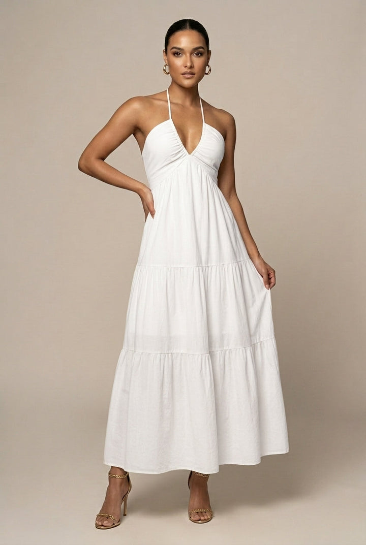 Abito maxi da donna con collo halter – Volant a strati schiena aperta