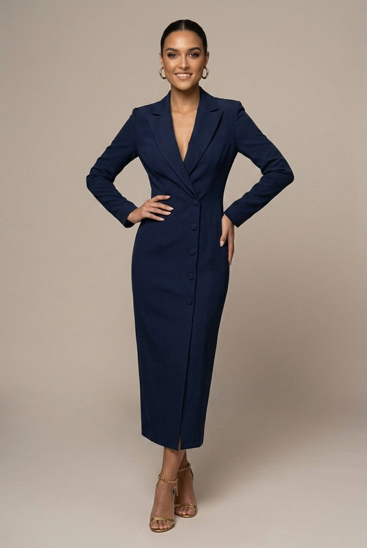 Robe Blazer Femme Midi – Col à Revers Cranté et Coupe Ajustée