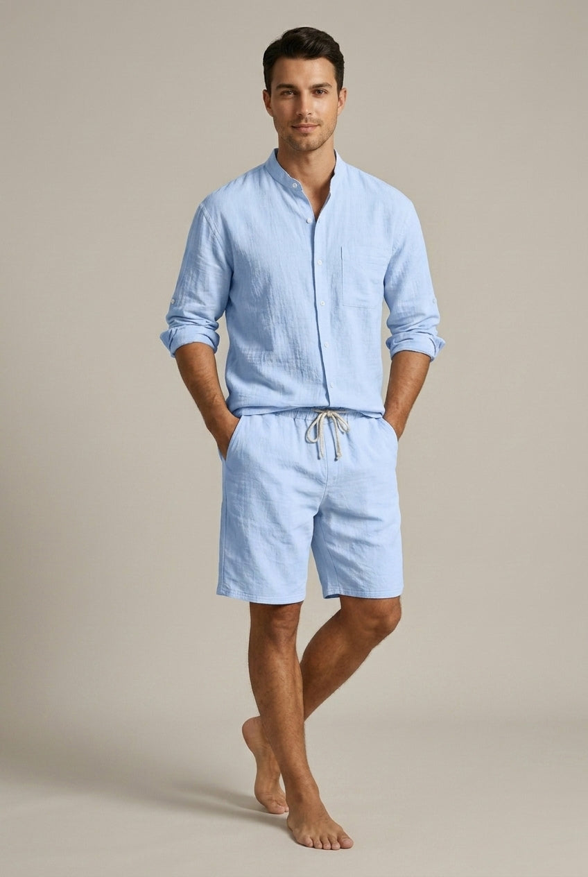 Ensemble Homme Lin Texturé – Chemise Col Mao et Short Coupe Décontractée