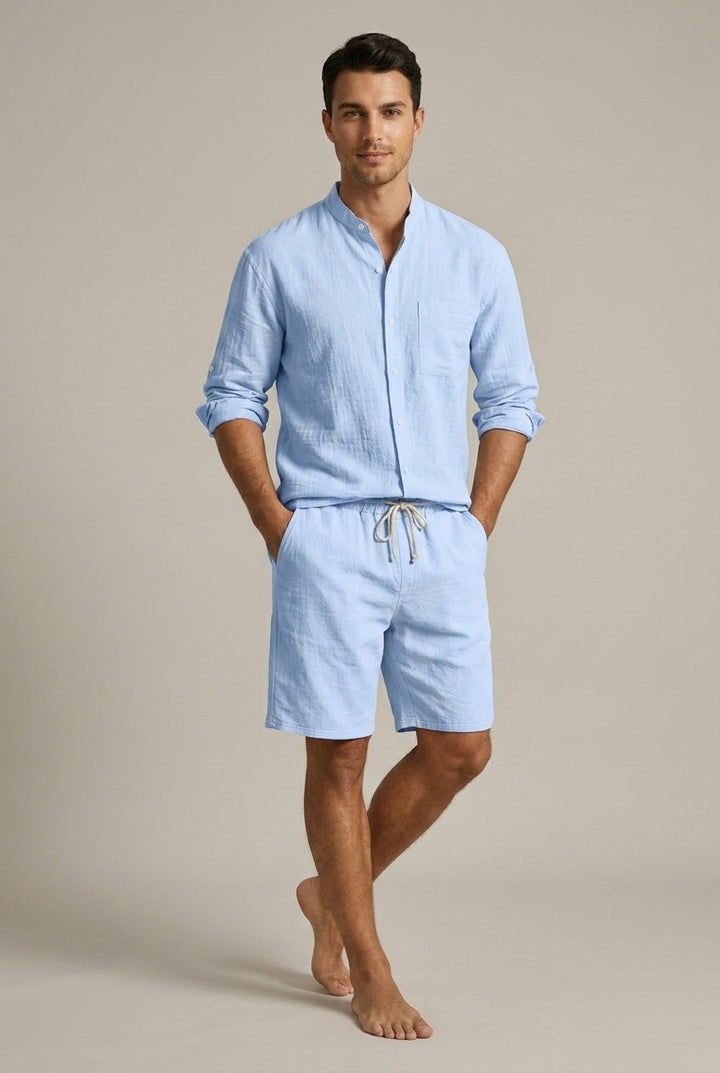 Ensemble Homme Lin Texturé – Chemise Col Mao et Short Coupe Décontractée