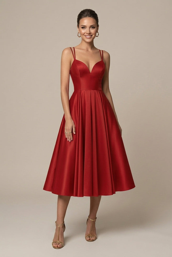 Midikleid für Damen A-Linie – V-Ausschnitt mit doppelten Trägern, ausgestellter Rock