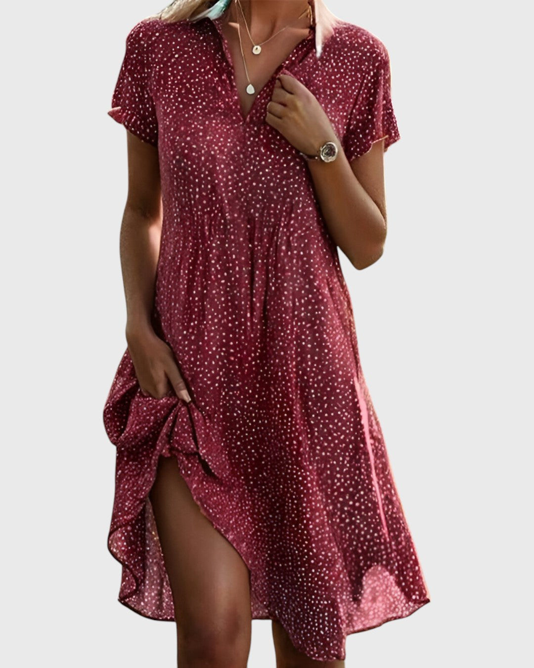 Midikleid Damen mit Punkten – V-Ausschnitt, kurze Ärmel, lässiger Schnitt