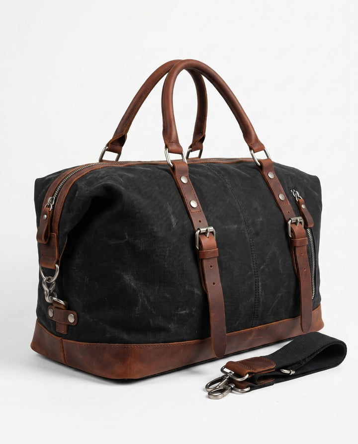 Sac de Voyage Homme – Toile Cirée et Cuir Pleine Fleur