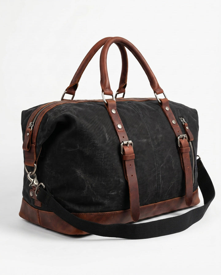 Sac de Voyage Homme – Toile Cirée et Cuir Pleine Fleur