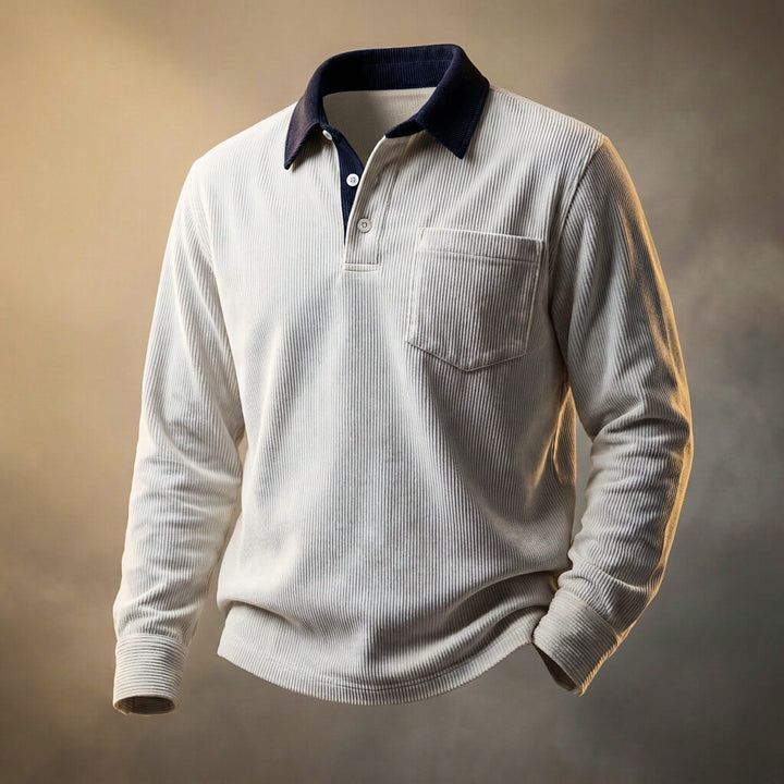 Herren-Poloshirt aus geripptem Samt mit langen Ärmeln – Smart-Casual Lässiger Schnitt