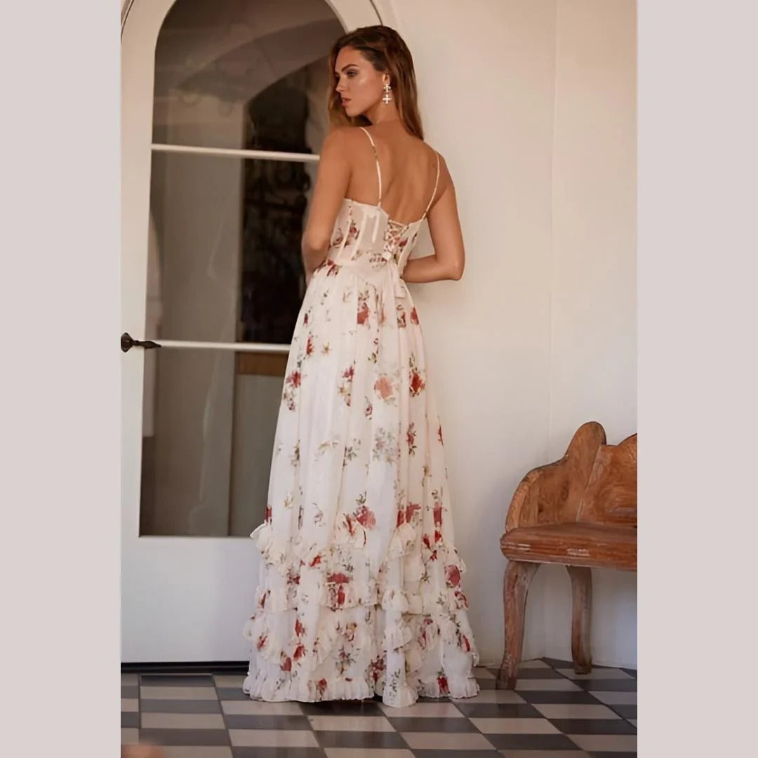 Maxikleid mit Blumenmuster und Schnürung für Damen – Taillierter Schnitt mit Seitenschlitz