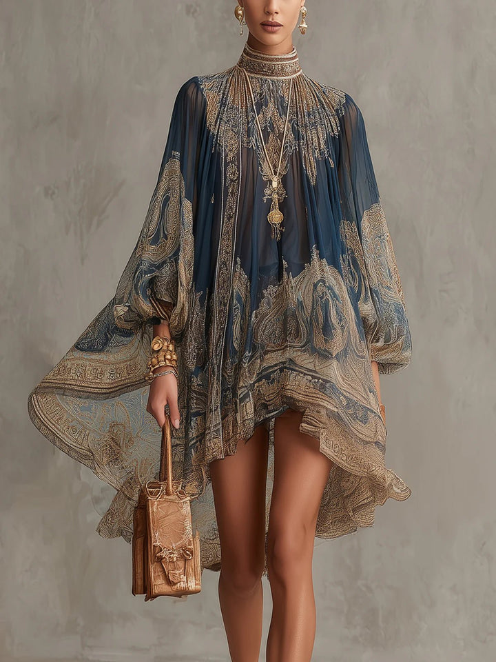 Women's Mini Dress Baroque Print – High Neck, Voluminous Sleeves, Asymmetrical Hem