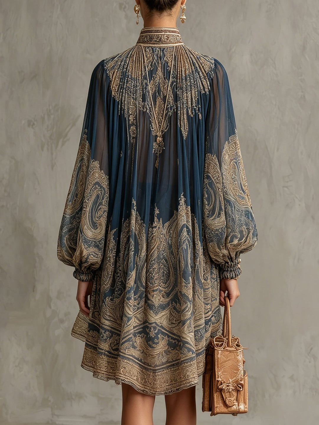 Women's Mini Dress Baroque Print – High Neck, Voluminous Sleeves, Asymmetrical Hem